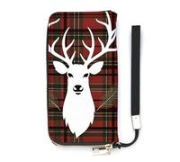 DWTJKMS Merry Christmas Reindeer Tartan Checkered Plaid Xmas Long Wallet Slim PU Leather Wallets for Men Women Minimalist Wallet with Card Slots, white, 20x10.5cm