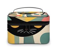 DWTJKMS Mid-Century Modern Art Cat Makeup Bag, Cosmetic Organizer Case Large Portable Capacity Make Up Bags Women Travel Toiletry Bags with Handle And Divider