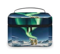 DWTJKMS Northern Lights Polar Bear Makeup Bag, Cosmetic Organizer Case Large Portable Capacity Make Up Bags Women Travel Toiletry Bags with Handle And Divider