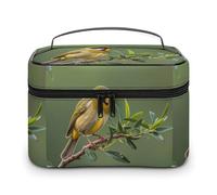 DWTJKMS Outdoor Olive Green Flowering Birds Makeup Bag, Cosmetic Organizer Case Large Portable Capacity Make Up Bags Women Travel Toiletry Bags with Handle And Divider