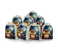 DWTJKMS Owl And Yellow Moon Gift Pouches 8PCS Portable Small Drawstring Storage Bags Pouches Reusable Cotton Linen Bunches Pocket For Wedding, Travel, Office, Workout (Unisex)