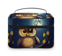 DWTJKMS Owl And Yellow Moon Makeup Bag, Cosmetic Organizer Case Large Portable Capacity Make Up Bags Women Travel Toiletry Bags with Handle And Divider