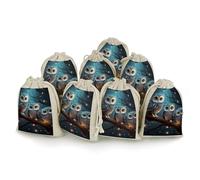 DWTJKMS Owl on Tree Gift Pouches 8PCS Portable Small Drawstring Storage Bags Pouches Reusable Cotton Linen Bunches Pocket For Wedding, Travel, Office, Workout (Unisex)