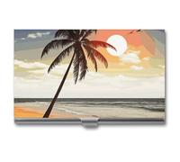 DWTJKMS Palm Tree on Beach Business Card Holder Aluminum Alloy Card Case Metal Name Card Holder for Men Women Professional Credit Card ID Case for Office Business Unique Gift
