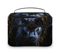 DWTJKMS Panther With Blue Eyes Makeup Bag, Cosmetic Organizer Case Large Portable Capacity Make Up Bags Women Travel Toiletry Bags with Handle And Divider