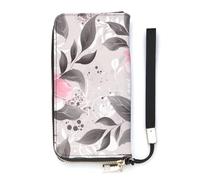 DWTJKMS Pink Flowers And Leaves on Gray Long Wallet Slim PU Leather Wallets for Men Women Minimalist Wallet with Card Slots, white, 20x10.5cm