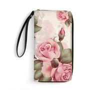 DWTJKMS Pink Rose Floral Long Wallet Slim PU Leather Wallets for Men Women Minimalist Wallet with Card Slots, white, 19.7x10.5cm