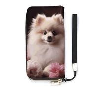 DWTJKMS Pomeranian And Flowers Long Wallet Slim PU Leather Wallets for Men Women Minimalist Wallet with Card Slots, white, 20x10.5cm