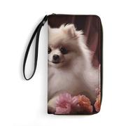 DWTJKMS Pomeranian And Flowers Long Wallet Slim PU Leather Wallets for Men Women Minimalist Wallet with Card Slots, white, 19.7x10.5cm