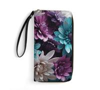 DWTJKMS Purple And Teal Flowers Long Wallet Slim PU Leather Wallets for Men Women Minimalist Wallet with Card Slots, white, 19.7x10.5cm