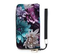 DWTJKMS Purple And Teal Flowers Long Wallet Slim PU Leather Wallets for Men Women Minimalist Wallet with Card Slots, white, 20x10.5cm