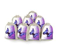 DWTJKMS Purple Butterfly Gift Pouches 8PCS Portable Small Drawstring Storage Bags Pouches Reusable Cotton Linen Bunches Pocket For Wedding, Travel, Office, Workout (Unisex)