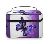 DWTJKMS Purple Butterfly Makeup Bag, Cosmetic Organizer Case Large Portable Capacity Make Up Bags Women Travel Toiletry Bags with Handle And Divider