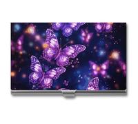 DWTJKMS Purple Cute Butterfly Print Business Card Holder Aluminum Alloy Card Case Metal Name Card Holder for Men Women Professional Credit Card ID Case for Office Business Unique Gift