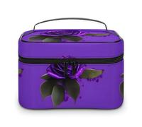 DWTJKMS Purple Rose Print Makeup Bag, Cosmetic Organizer Case Large Portable Capacity Make Up Bags Women Travel Toiletry Bags with Handle And Divider
