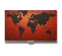 DWTJKMS Red And Brown World Map Business Card Holder Aluminum Alloy Card Case Metal Name Card Holder for Men Women Professional Credit Card ID Case for Office Business Unique Gift