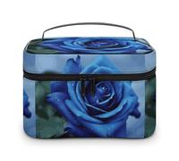 DWTJKMS Romantic Blue Rose Makeup Bag, Cosmetic Organizer Case Large Portable Capacity Make Up Bags Women Travel Toiletry Bags with Handle And Divider