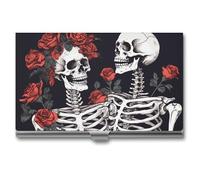 DWTJKMS Rose And Skeleton Business Card Holder Aluminum Alloy Card Case Metal Name Card Holder for Men Women Professional Credit Card ID Case for Office Business Unique Gift