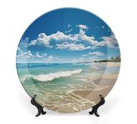 DWTJKMS Sandy Beach Bone China Decorative Plate 7inch Printed Pattern Ceramic Plate Ceramic Plates with Display Stand Dinner Plates Art Crafts Ornaments for Wall Hanging