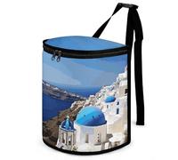 DWTJKMS Santorini Greek Island Sea View Car Trash Can with Lid Large Capacity Hanging Auto Trash Bin Leak-Proof Waterproof Trash Bin Cars Must Haves Interior Accessories