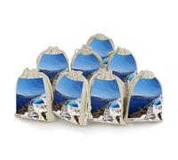DWTJKMS Santorini Greek Island Sea View Gift Pouches 8PCS Portable Small Drawstring Storage Bags Pouches Reusable Cotton Linen Bunches Pocket For Wedding, Travel, Office, Workout (Unisex)