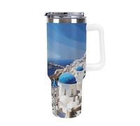 DWTJKMS Santorini Greek Island Sea View Stainless Steel Tumbler 40 Oz Leak-proof Large Capacity Car Cup with Handle Straw Double Wall Vacuum Insulated Cup Reusable Keeps Cold Or Hot White-style