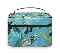 DWTJKMS Sea Turtle-Blue Makeup Bag, Cosmetic Organizer Case Large Portable Capacity Make Up Bags Women Travel Toiletry Bags with Handle And Divider