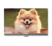 DWTJKMS Short-haired Pomeranian Business Card Holder Aluminum Alloy Card Case Metal Name Card Holder for Men Women Professional Credit Card ID Case for Office Business Unique Gift