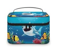 DWTJKMS Smiling Shark Makeup Bag, Cosmetic Organizer Case Large Portable Capacity Make Up Bags Women Travel Toiletry Bags with Handle And Divider