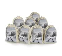 DWTJKMS Snowy Train Tracks Gift Pouches 8PCS Portable Small Drawstring Storage Bags Pouches Reusable Cotton Linen Bunches Pocket For Wedding, Travel, Office, Workout (Unisex)