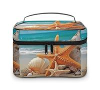 DWTJKMS Starfish Seashell Beach Makeup Bag, Cosmetic Organizer Case Large Portable Capacity Make Up Bags Women Travel Toiletry Bags with Handle And Divider