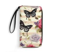 DWTJKMS Striped Flower Butterfly Long Wallet Slim PU Leather Wallets for Men Women Minimalist Wallet with Card Slots, white, 19.7x10.5cm