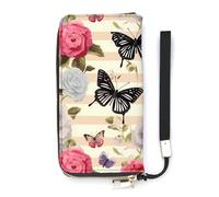 DWTJKMS Striped Flower Butterfly Long Wallet Slim PU Leather Wallets for Men Women Minimalist Wallet with Card Slots, white, 20x10.5cm