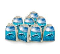 DWTJKMS Swimming Dolphin in Blue Sea Gift Pouches 8PCS Portable Small Drawstring Storage Bags Pouches Reusable Cotton Linen Bunches Pocket For Wedding, Travel, Office, Workout (Unisex)