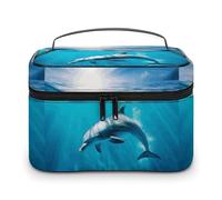 DWTJKMS Swimming Dolphin in Blue Sea Makeup Bag, Cosmetic Organizer Case Large Portable Capacity Make Up Bags Women Travel Toiletry Bags with Handle And Divider
