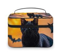 DWTJKMS The Black Cat Is Pacing on The Roof Makeup Bag, Cosmetic Organizer Case Large Portable Capacity Make Up Bags Women Travel Toiletry Bags with Handle And Divider