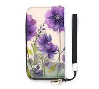 DWTJKMS Watercolor Style Purple Flowers Long Wallet Slim PU Leather Wallets for Men Women Minimalist Wallet with Card Slots, white, 20x10.5cm