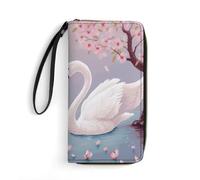 DWTJKMS White Swans with Pink Floral Tree Long Wallet Slim PU Leather Wallets for Men Women Minimalist Wallet with Card Slots, white, 19.7x10.5cm