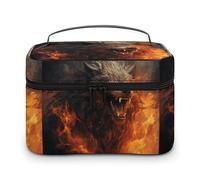 DWTJKMS Wild Wolf in The Fire Makeup Bag, Cosmetic Organizer Case Large Portable Capacity Make Up Bags Women Travel Toiletry Bags with Handle And Divider