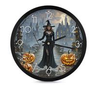 DWTJKMS Witches Wall Clock 10 Inch Round Decorative Wall Clock Silent Non Ticking Modern Wall Clock Pattern Wall Clocks Battery Operated for Bedroom Living Room White