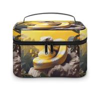 DWTJKMS Yellow And White Python Makeup Bag, Cosmetic Organizer Case Large Portable Capacity Make Up Bags Women Travel Toiletry Bags with Handle And Divider