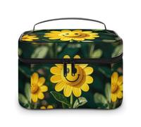 DWTJKMS Yellow Smiley Flower Makeup Bag, Cosmetic Organizer Case Large Portable Capacity Make Up Bags Women Travel Toiletry Bags with Handle And Divider