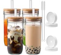 DWTS DANWEITESI Glass Cups with Lids and Straws,24 oz Smoothie Cup with Lid and Straw-Boba Mason Jar,Wide Mouth Reusable Drinking Glasses,Iced Coffee Cups Glass,Vasos De Vidrio【4 Pack】
