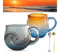 DWTYQN Sea Glass Wave Mug, 12oz Handblown Glass Cup with Ocean Wave Texture, Unique Textured Beach Theme Mug for Tea, Wine, Handcrafted Sea Inspired Drinkware for Ocean Lovers(A+B)