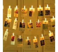 DWUENT 3M Photo Peg Fairy Lights with 20 Clips, IP65 Plastic Bedroom Decor String Lights, AA Battery Powered Warm White LED Photo Hanging Display for Birthday Proposals Party Decorations (Transparent)