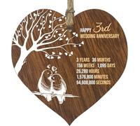 DWUENT 3rd Wedding Anniversary Wooden Plaque - 10cm Heart Keepsake Gift for Couples, Husband, Wife | Natural Wood Grain Design | Handcrafted in UK,Wedding Anniversary