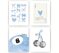 DWUENT 4 Pcs Blue Wall Art, Preppy Coquette Bedroom Decor Cute Aesthetic Room Prints, Canvas Poster Set for Modern Home Decoration (15x20cm, Oil Painting Canvas)