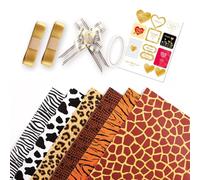 DWUENT Animal Print Wrapping Paper Set - 6 Sheets Safari Birthday Gift Wrap with Ribbon, Tape & Stickers for Kids Jungle Theme Party Supplies (70x50cm