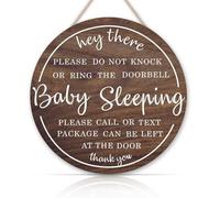 DWUENT Baby Sleeping Door Sign, Do Not Knock Or Ring Doorbell Hanging Sign, Wooden Nursery Plaque for Quiet Time, Brown Round Baby Room Decor (20x20cm)