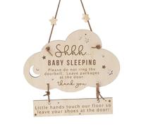DWUENT Baby Sleeping Door Sign,No Soliciting Sign, Cloud-Shaped Wooden Nursery Signs, Yellow Hanging Plaque for Home Office, 22.5x15cm